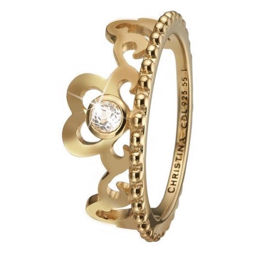 Princess Hearts ring i forgyldt 18 kt sølv med ægte topas og prinsessekrone-design fra Christina Jewelry & Watches.
